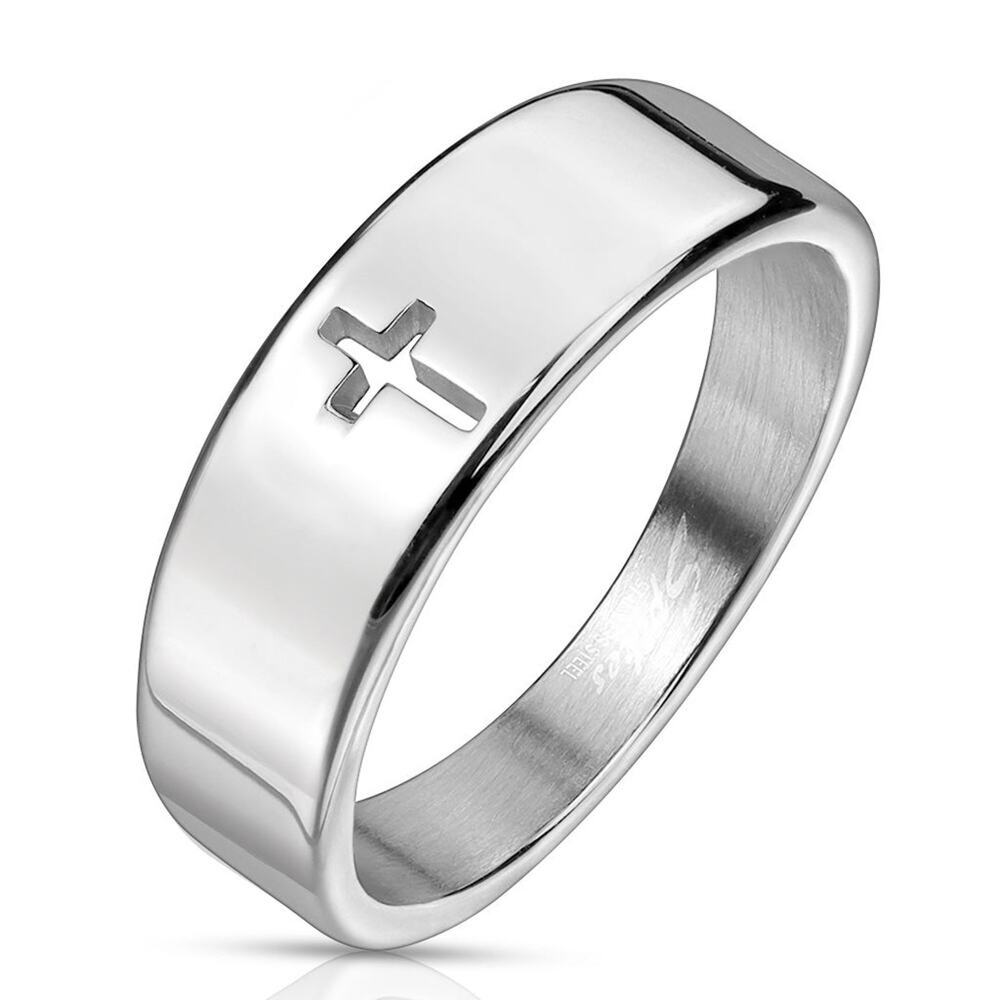 Plain Cross Cut Out Stainless Steel Ring 6mm width size 10